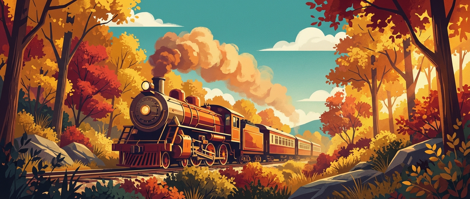 A steam train travelling through an autumn forest, golden foliage, moving with purpose
