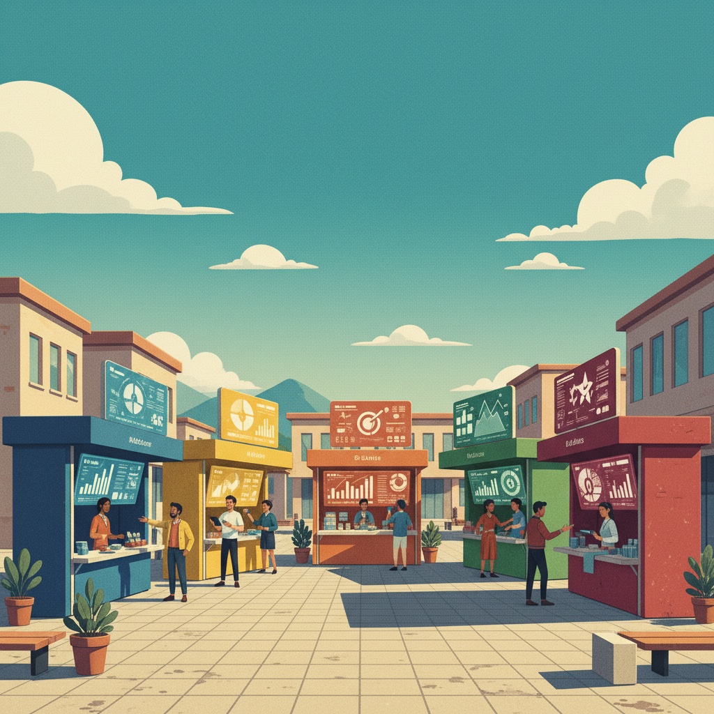 Eight colorful market stalls in a town square, each displaying different analytics dashboards, merchants busy with customers in flat painterly illustration style