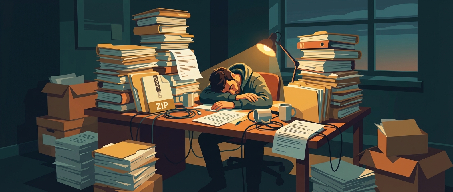 A developer asleep at a desk buried under stacked ZIP files and folders, late-night desk lamp glow