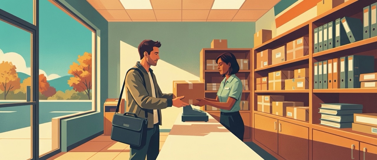 A developer at a postal counter handing over a neatly packaged box, flat painterly illustration