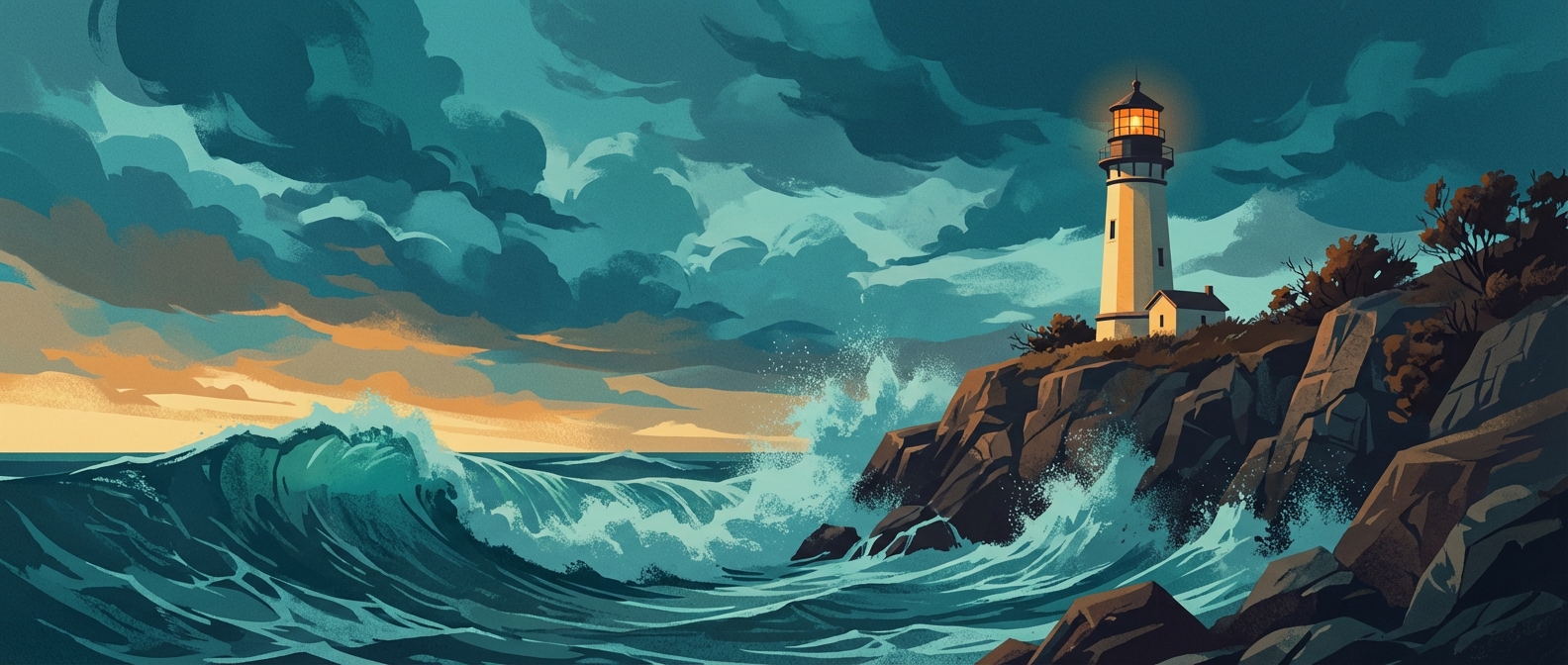 A lone lighthouse on a rocky cliff at dusk, waves crashing below, warm light in the window
